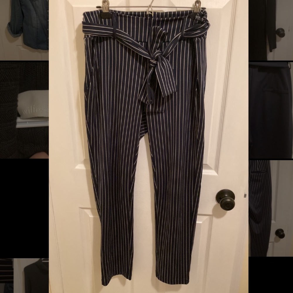 Leze the Label - blue and white pinstripe tie front dress pants